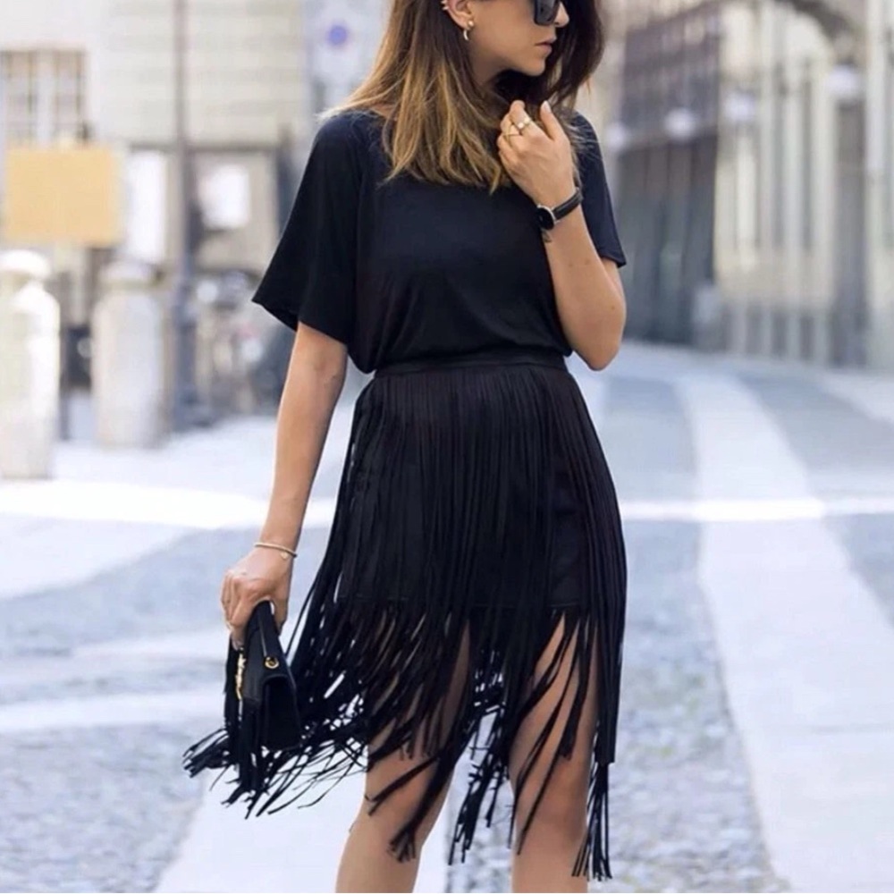 ZARA Faux Suede Fringe Tiered Skirt